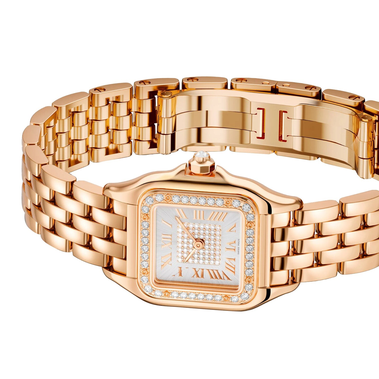 The Panthère de Cartier Small Model by Cartier is an 18K rose gold watch with a square face, Roman numerals, diamond-set bezel, and linked bracelet band. The clasp is open.