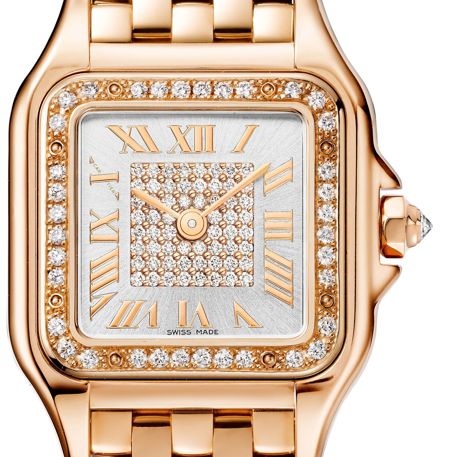 Close-up of the Panthère de Cartier Small Model by Cartier, crafted in 18K rose gold with a diamond-encrusted bezel and face, featuring Roman numeral hour markers and a Swiss-made label.