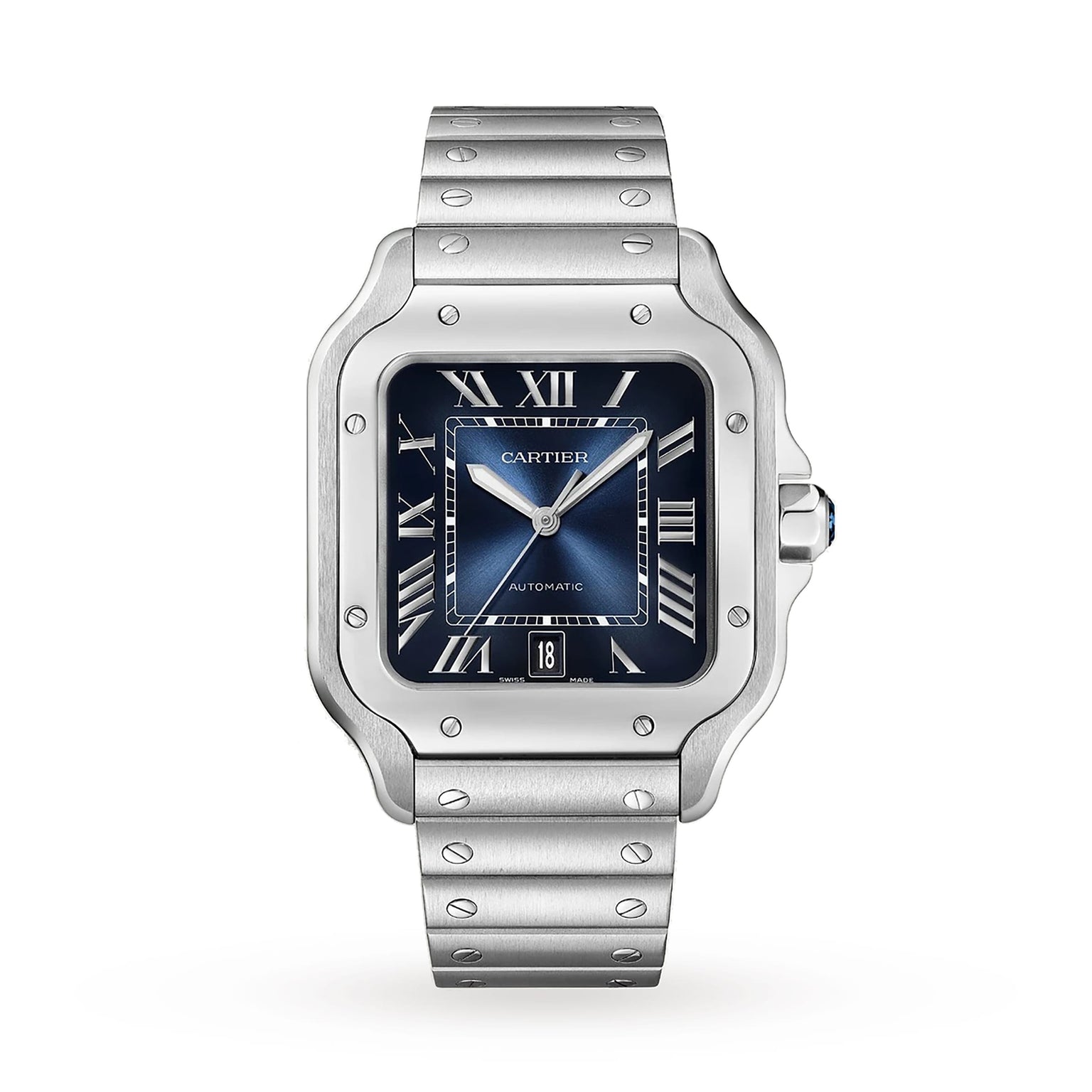 The Cartier Santos de Cartier aviation watch features a blue dial with Roman numerals, a stainless steel case, metal bracelet, and precise mechanical movement.