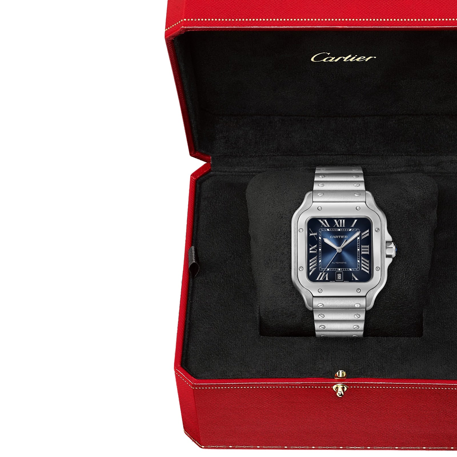 A Cartier Santos de Cartier wristwatch featuring a blue face and silver case is shown in an open red Cartier box with black lining.