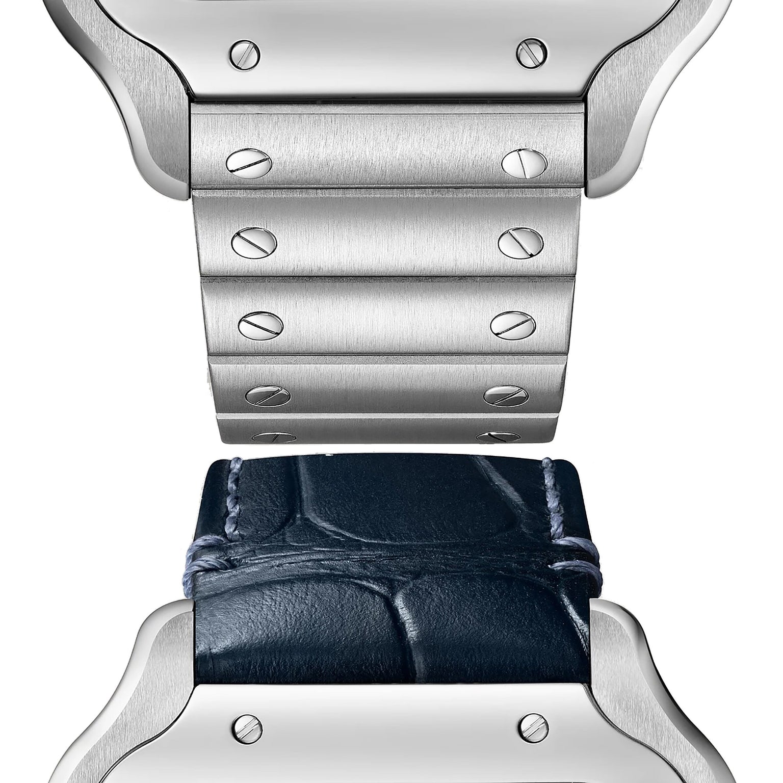 Close-up of the Santos de Cartier by Cartier, showing a silver case with both metal bracelet and black leather strap attached, highlighting its refined aviation-inspired design.