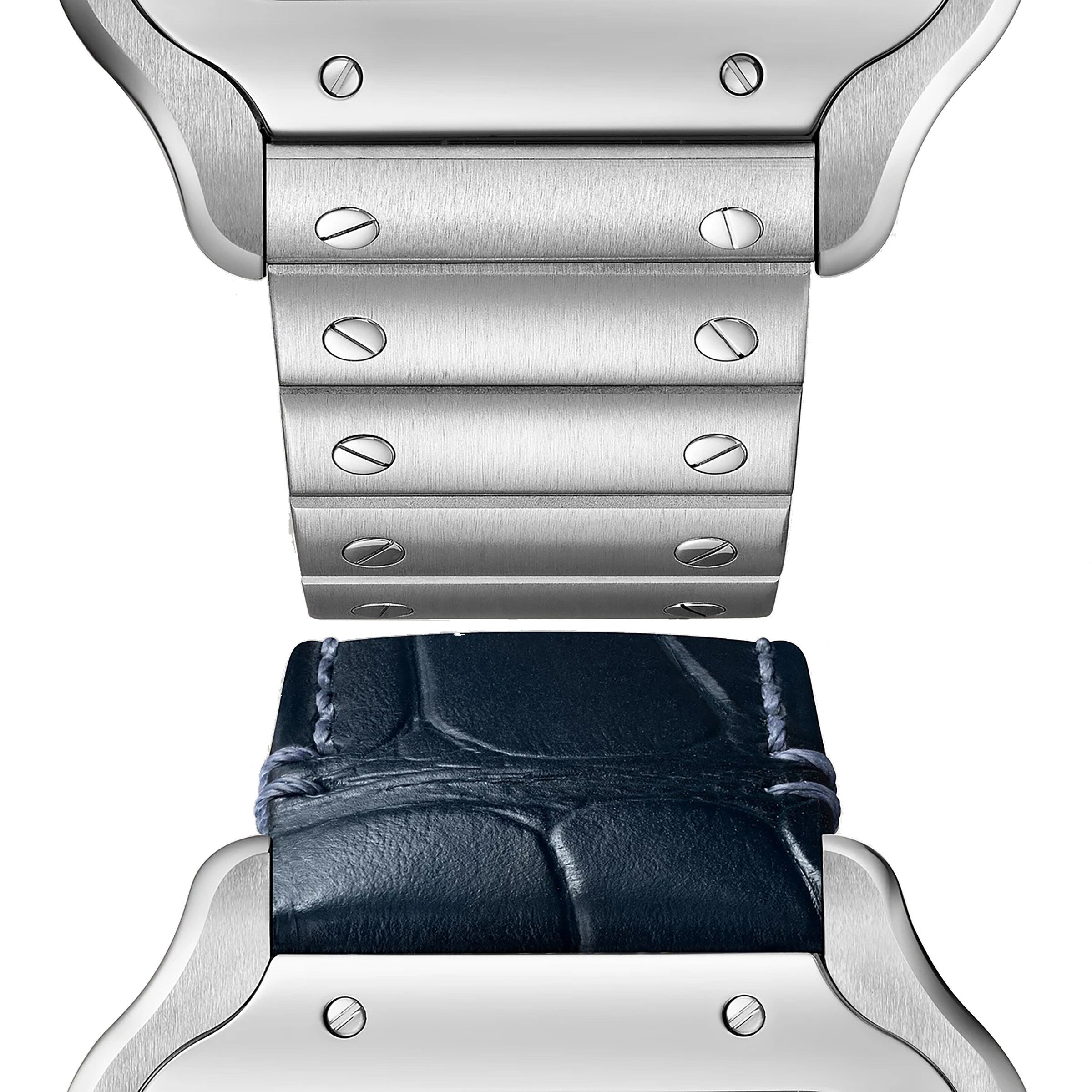 Close-up of the Santos de Cartier by Cartier, showing a silver case with both metal bracelet and black leather strap attached, highlighting its refined aviation-inspired design.