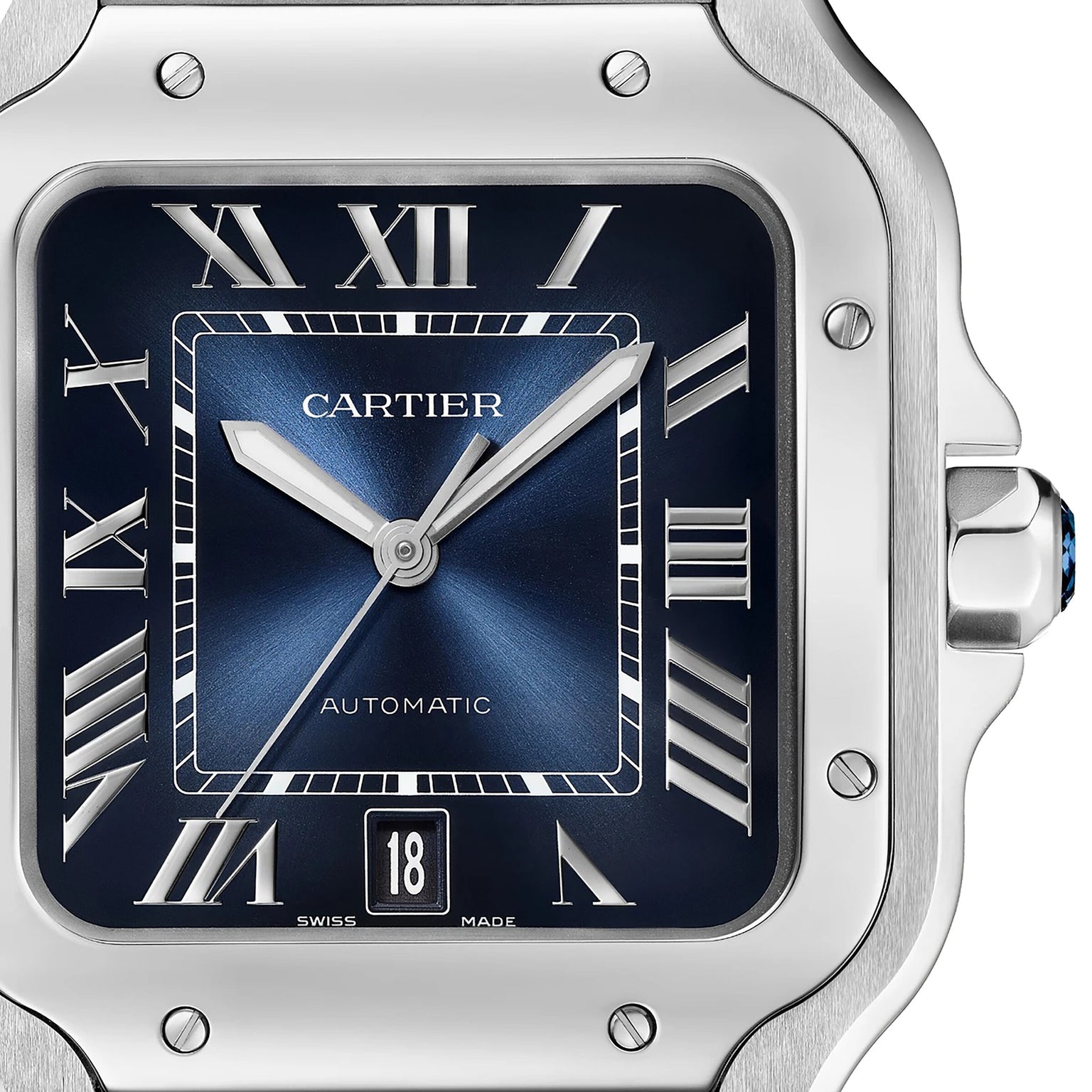 Close-up of the Santos de Cartier by Cartier, an aviation watch with a square blue dial, Roman numerals, date at 6 o’clock, stainless steel case, and mechanical movement.