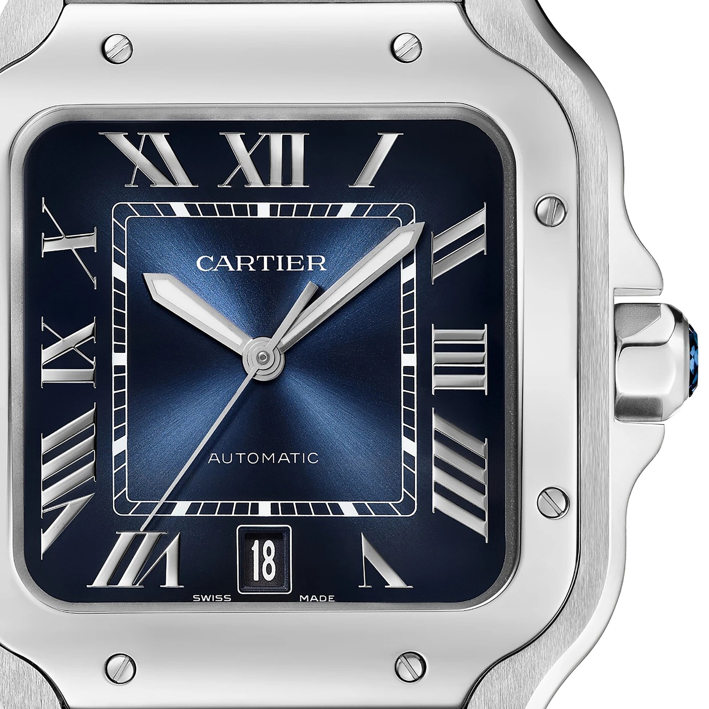 Close-up of the Santos de Cartier by Cartier, an aviation watch with a square blue dial, Roman numerals, date at 6 o’clock, stainless steel case, and mechanical movement.