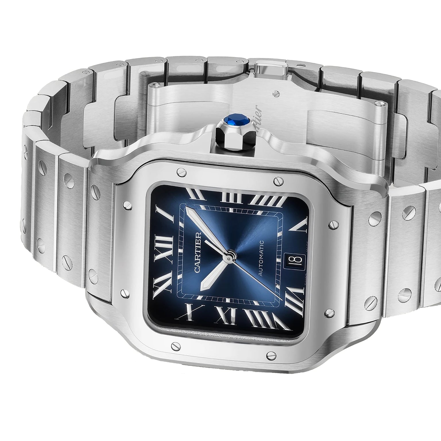 The Santos de Cartier by Cartier is a stainless steel wristwatch featuring a square blue dial with Roman numerals, date display, metallic link bracelet, and mechanical movement.