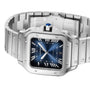 The Santos de Cartier by Cartier is a stainless steel wristwatch featuring a square blue dial with Roman numerals, date display, metallic link bracelet, and mechanical movement.