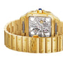 The Santos de Cartier Skeleton by Cartier features a transparent back that reveals its mechanical movement and intricate inner gears.