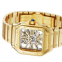 The Cartier Santos de Cartier Skeleton features a gold case, square skeleton dial with exposed mechanics, and a blue gemstone on the crown.
