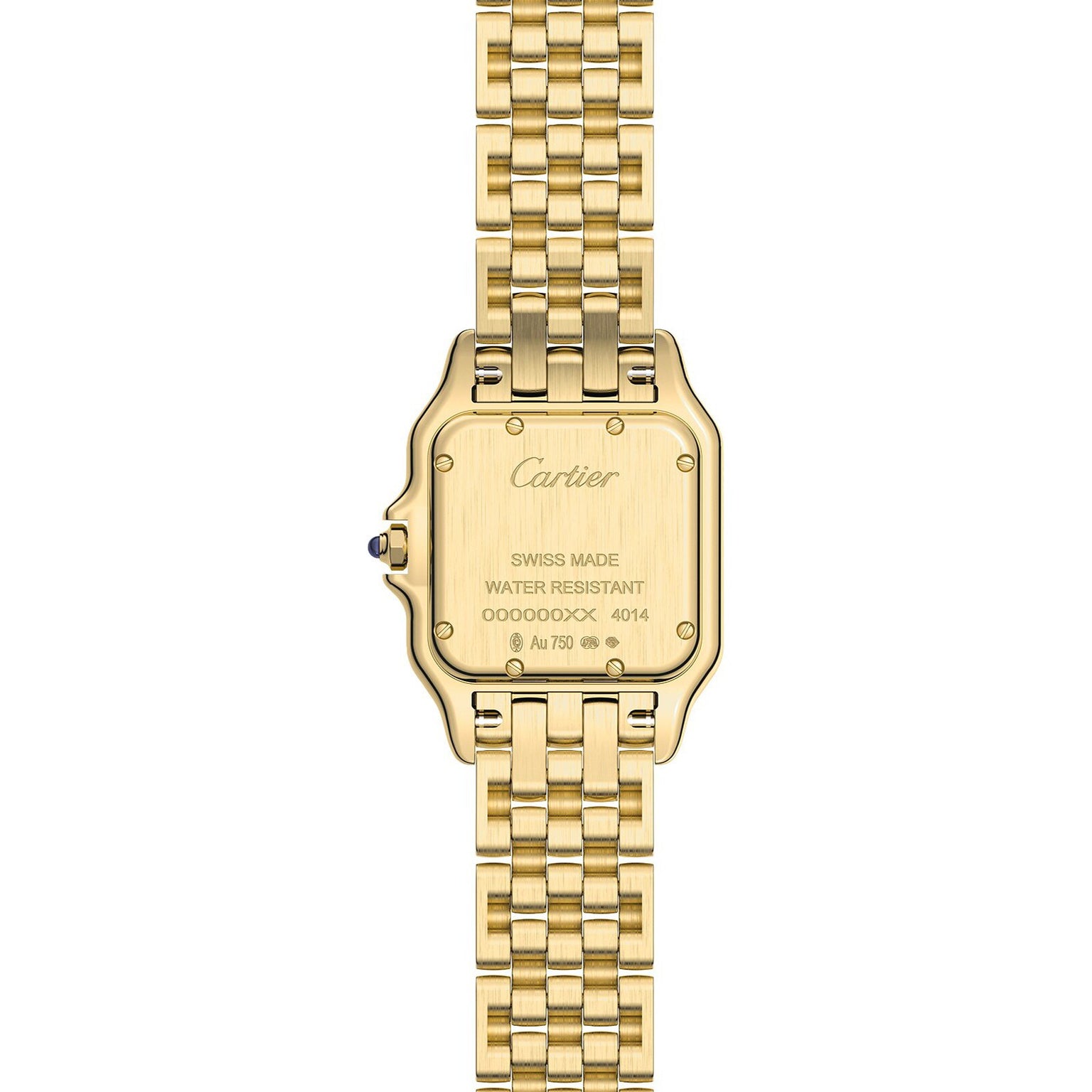 Back view of the Cartier Panthère de Cartier watch in 18K yellow gold, featuring an engraved case back with branding, water resistance details, and a linked gold bracelet—a true style icon.