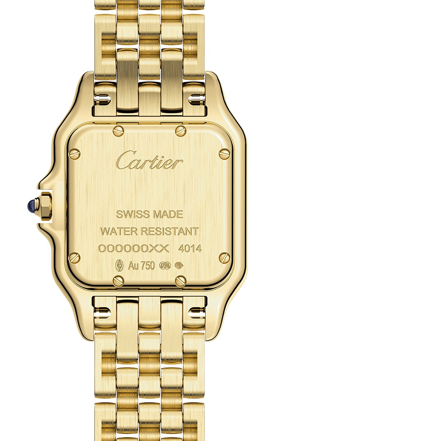 A close-up view of the Panthère de Cartier watch by Cartier in 18K yellow gold reveals engraved details like Swiss Made and Water Resistant—an iconic symbol of style.