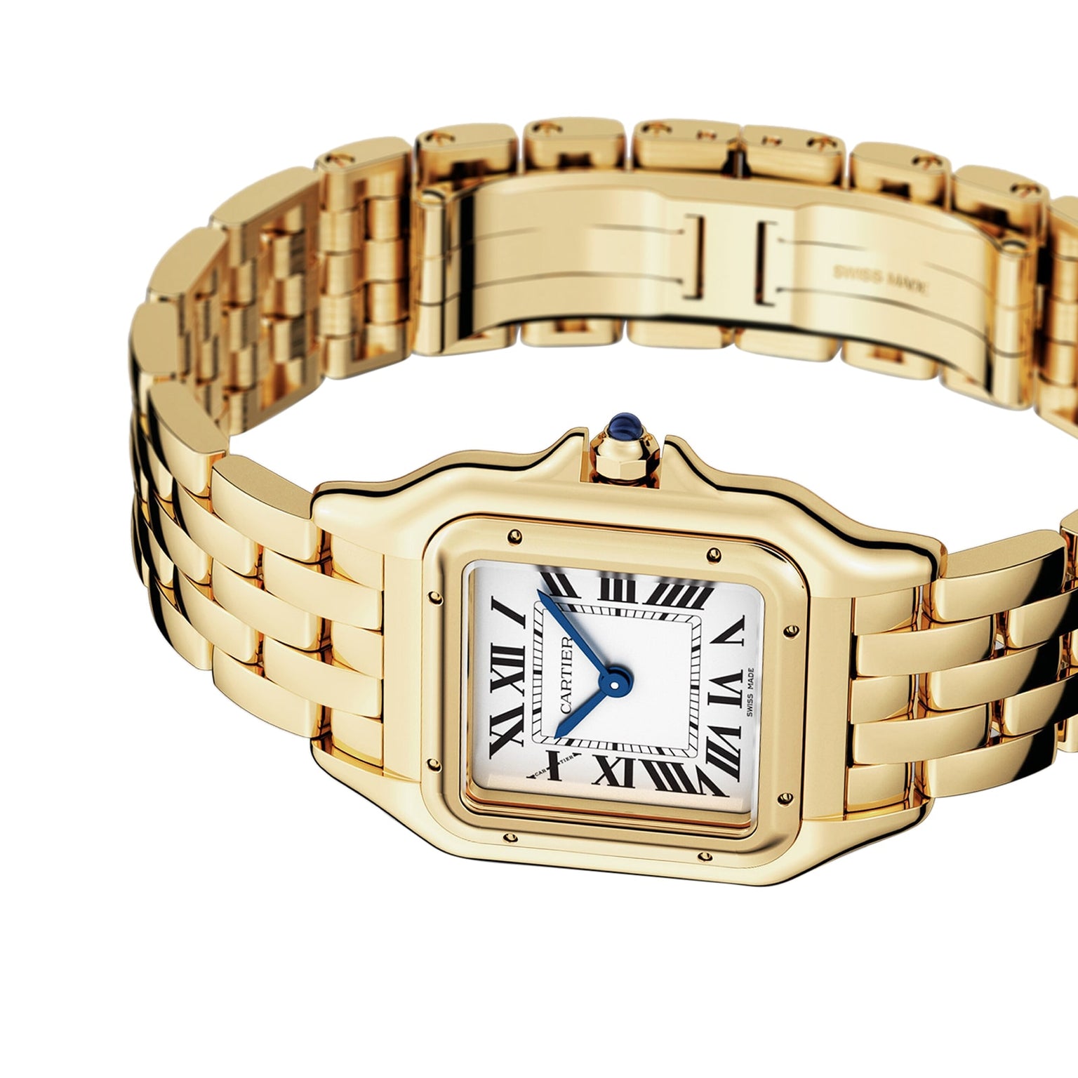 The Panthère de Cartier by Cartier is an 18K yellow gold watch with a rectangular face, Roman numerals, blue hands, and a linked bracelet—an iconic style shown on a white background.