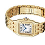 The Panthère de Cartier by Cartier is an 18K yellow gold watch with a rectangular face, Roman numerals, blue hands, and a linked bracelet—an iconic style shown on a white background.