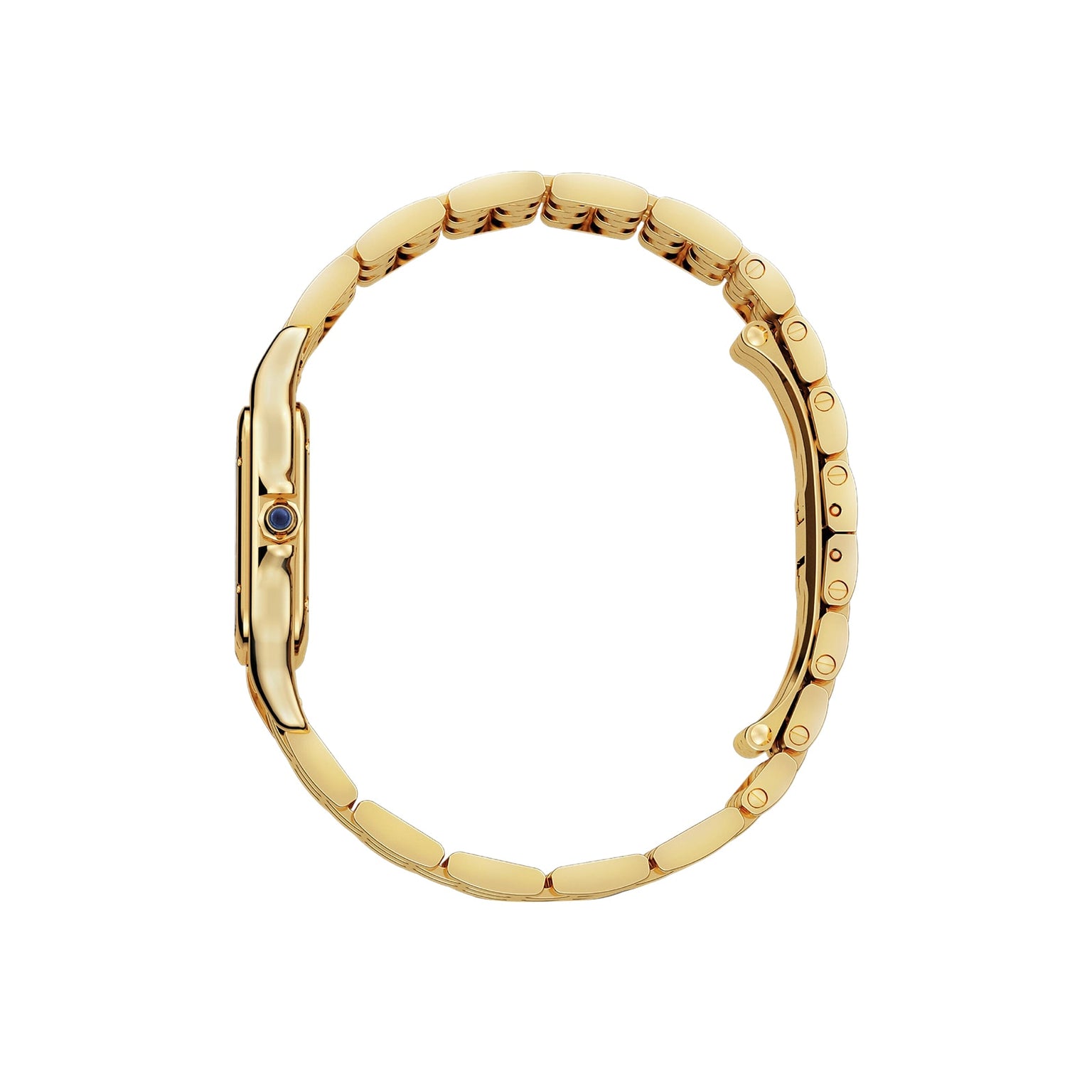 Side view of Cartier’s Panthère de Cartier watch in 18K yellow gold with a linked bracelet and blue cabochon crown, displayed on a white background—a true style icon.