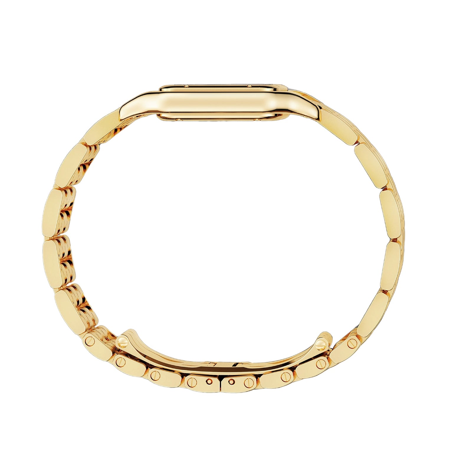 Side view of the Panthère de Cartier by Cartier in 18K yellow gold, showcasing its sleek rectangular dial and elegant metal link bracelet—a lasting icon of style.