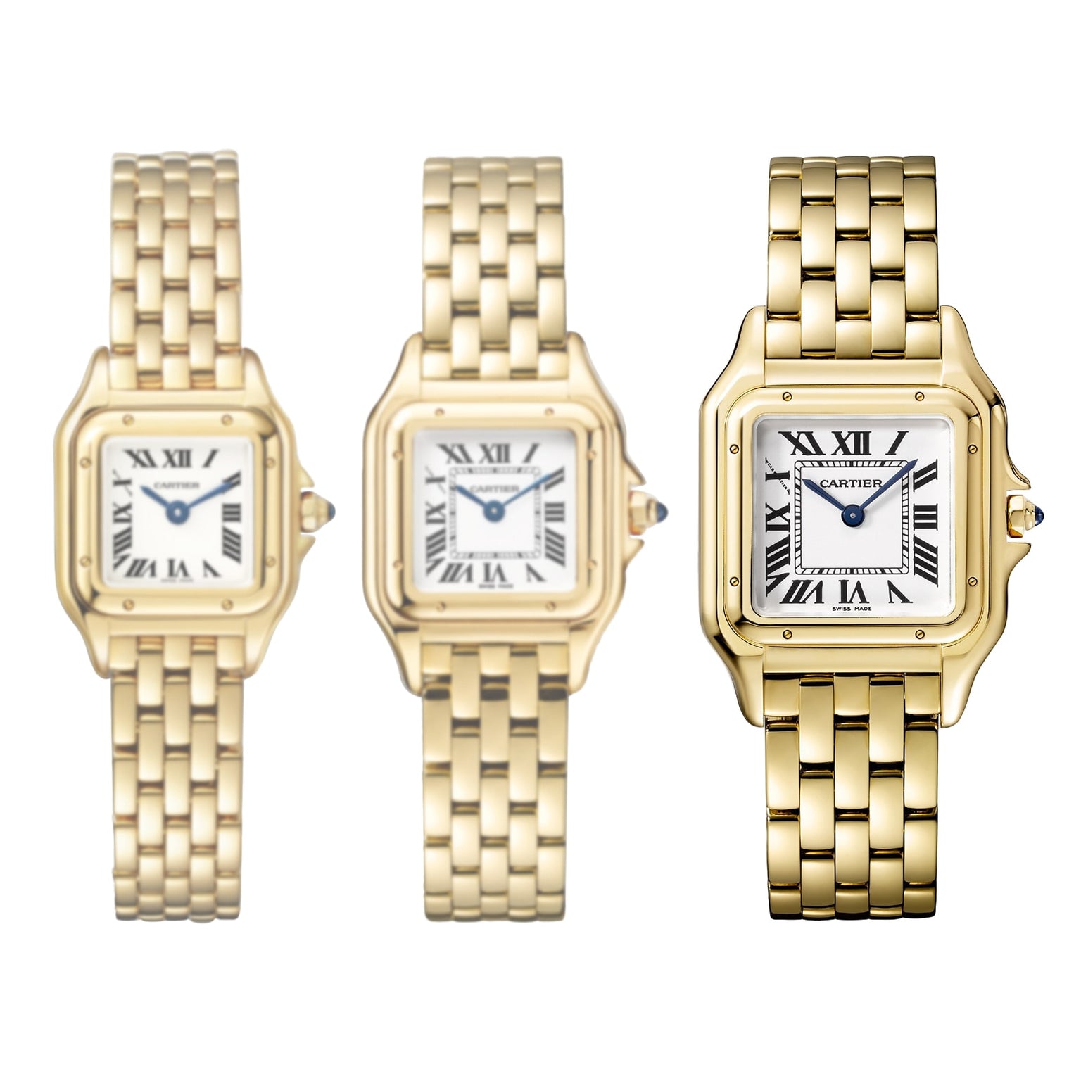 Three Panthère de Cartier watches by Cartier in 18K yellow gold, each featuring a white Roman numeral dial, are displayed side by side on a white background, reflecting timeless elegance and iconic style.