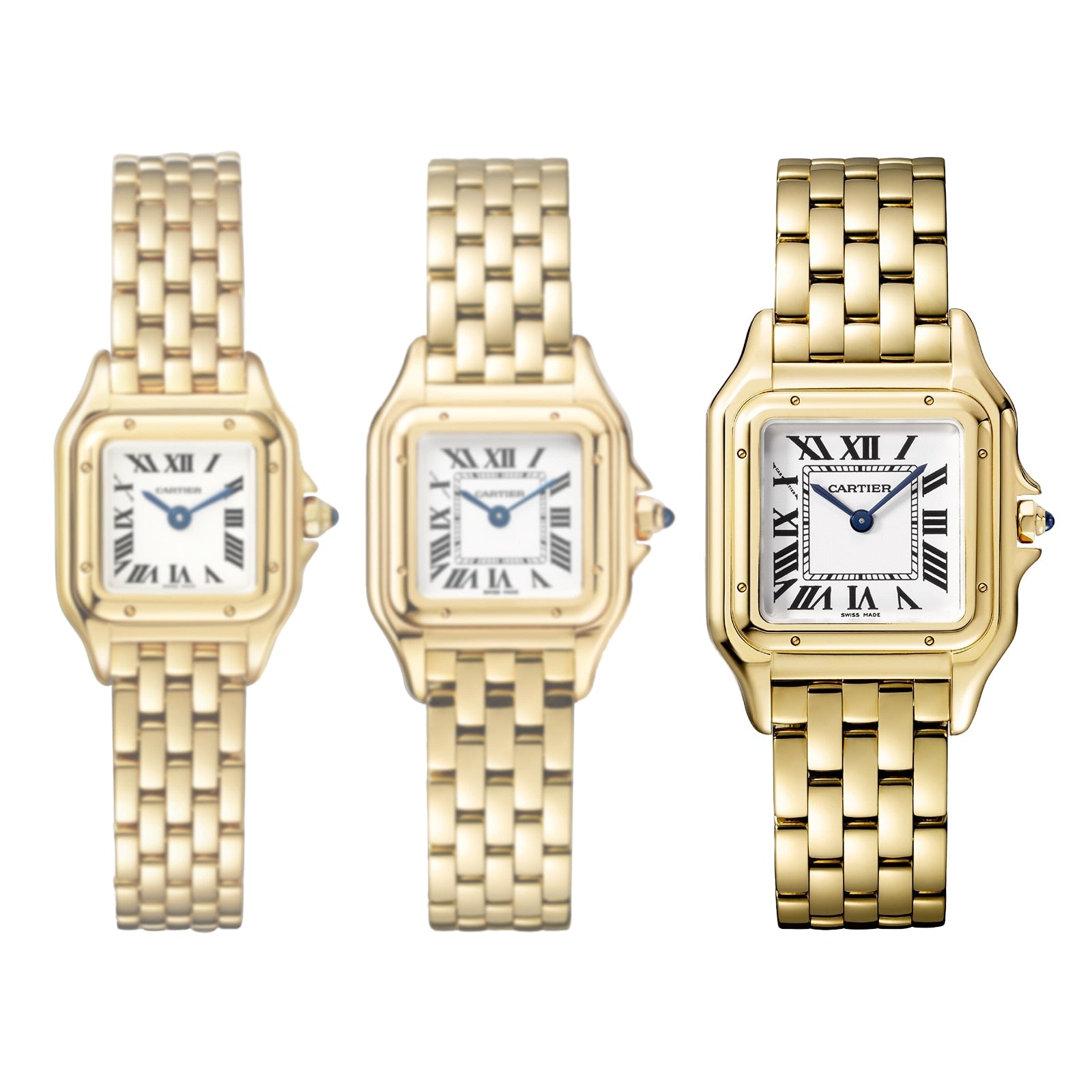 Three Panthère de Cartier watches by Cartier in 18K yellow gold, each featuring a white Roman numeral dial, are displayed side by side on a white background, reflecting timeless elegance and iconic style.