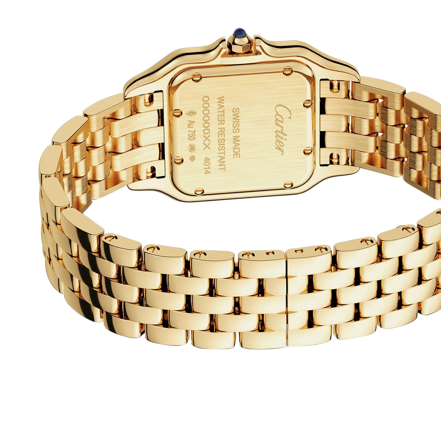 Close-up of the Cartier Panthère de Cartier watch in 18K yellow gold, highlighting detailed engravings, elegant metal links, and a signature blue stone on the crown—a true style icon.