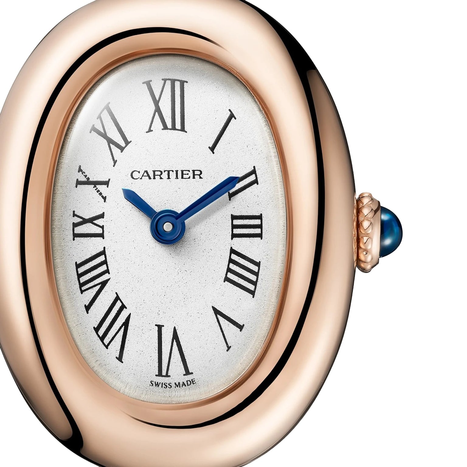Close-up of the Cartier Baignoire (Size 15) watch featuring a rose gold oval case, white dial, Roman numerals, blue hands, and a sapphire cabochon crown.