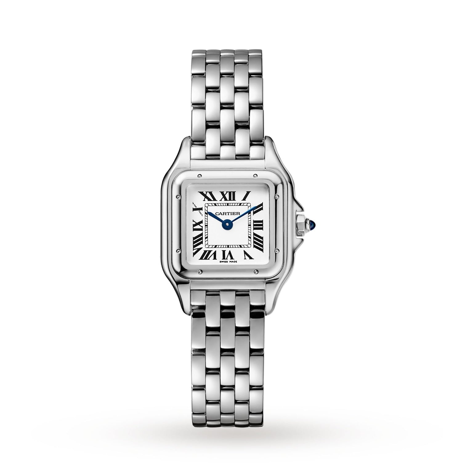 The Panthère de Cartier Small Model by Cartier is a silver wristwatch featuring a square face with Roman numerals and a linked metal band, shown on a white background.