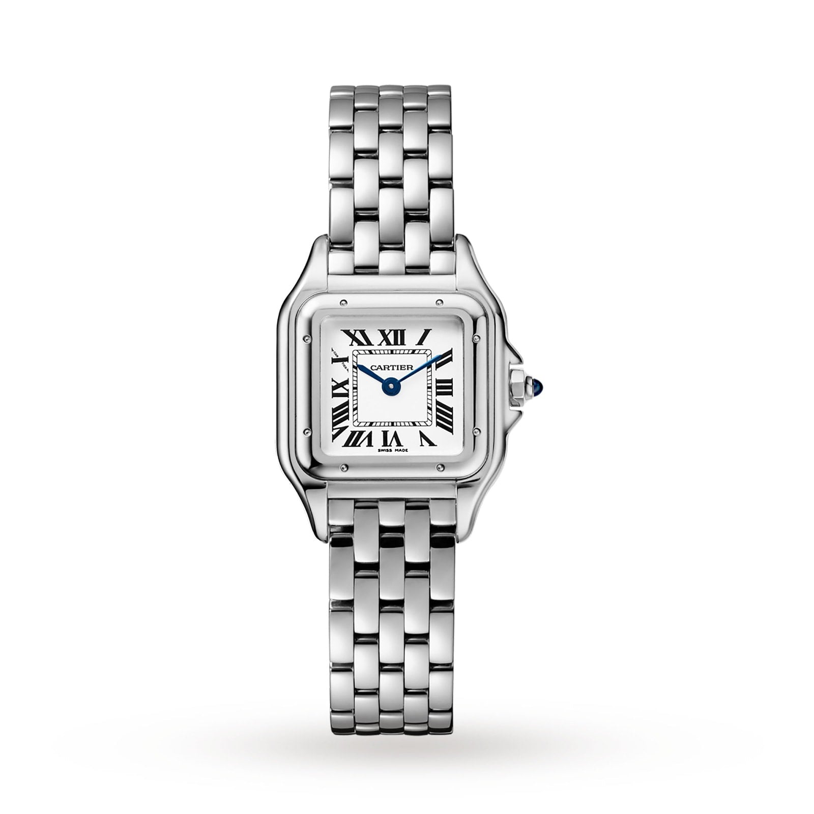 The Panthère de Cartier Small Model by Cartier is a silver wristwatch featuring a square face with Roman numerals and a linked metal band, shown on a white background.