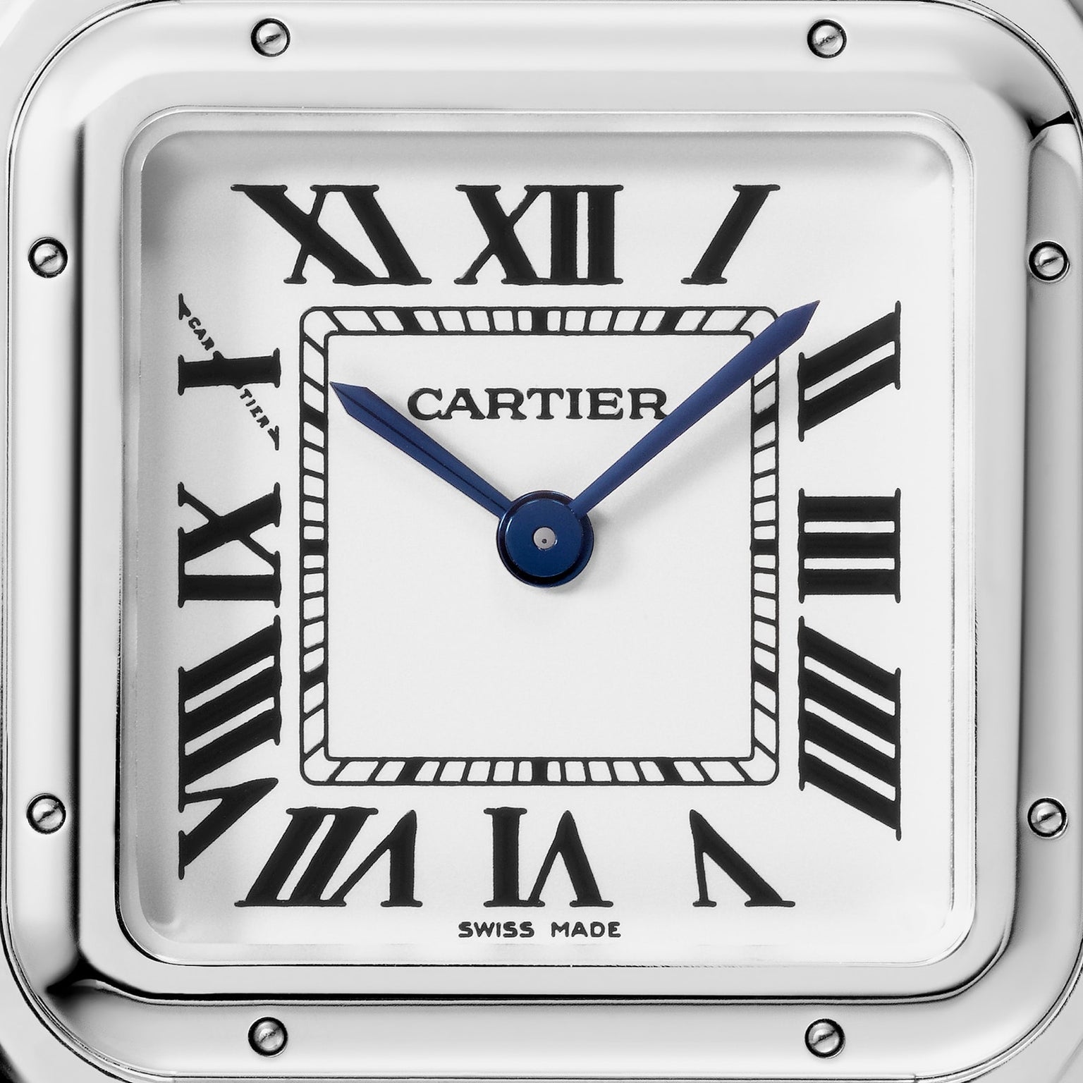 Close-up of the Panthère de Cartier watch face by Cartier, featuring black Roman numerals, blue hands, the CARTIER logo at the center, and SWISS MADE at the bottom—an enduring icon of style.