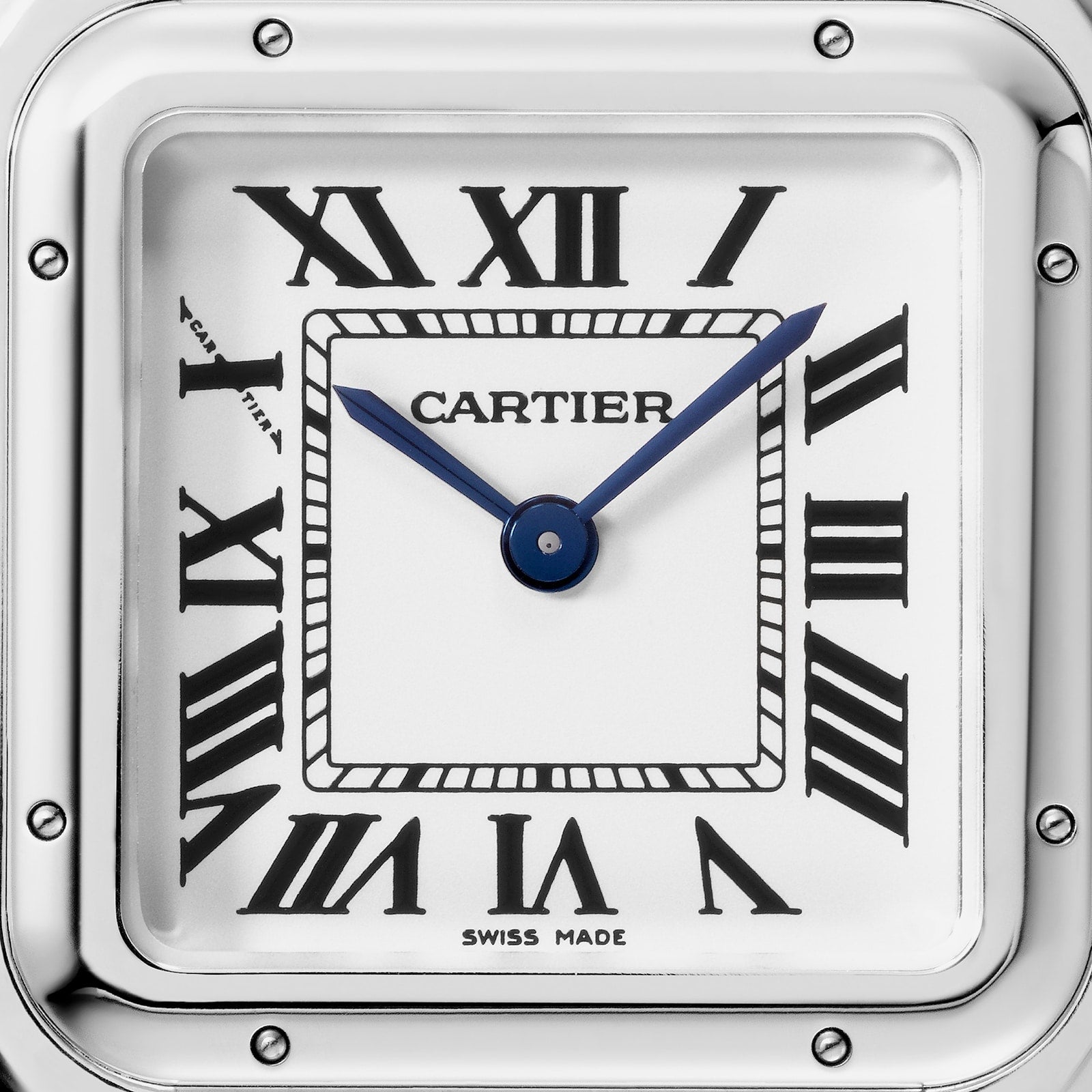Close-up of the Panthère de Cartier watch face by Cartier, featuring black Roman numerals, blue hands, the CARTIER logo at the center, and SWISS MADE at the bottom—an enduring icon of style.
