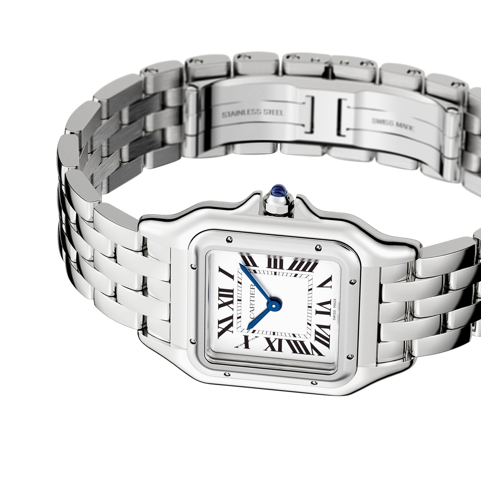 The Cartier Panthère de Cartier watch, in silver stainless steel with a square white dial, black Roman numerals, blue hands, and a linked bracelet band, is showcased on a white background.