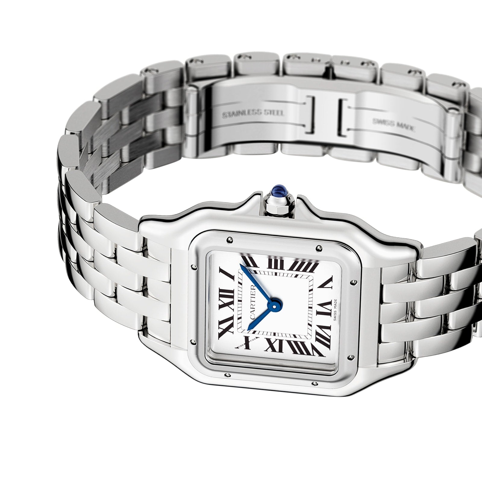 The Cartier Panthère de Cartier watch, in silver stainless steel with a square white dial, black Roman numerals, blue hands, and a linked bracelet band, is showcased on a white background.