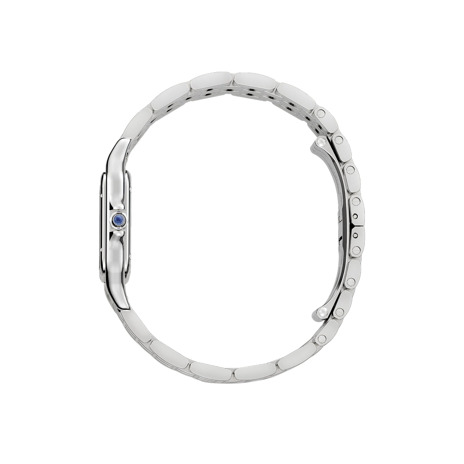 Side view of the Panthère de Cartier by Cartier, featuring a silver metal link band and a blue gem on the crown—an elegant choice for any style icon.