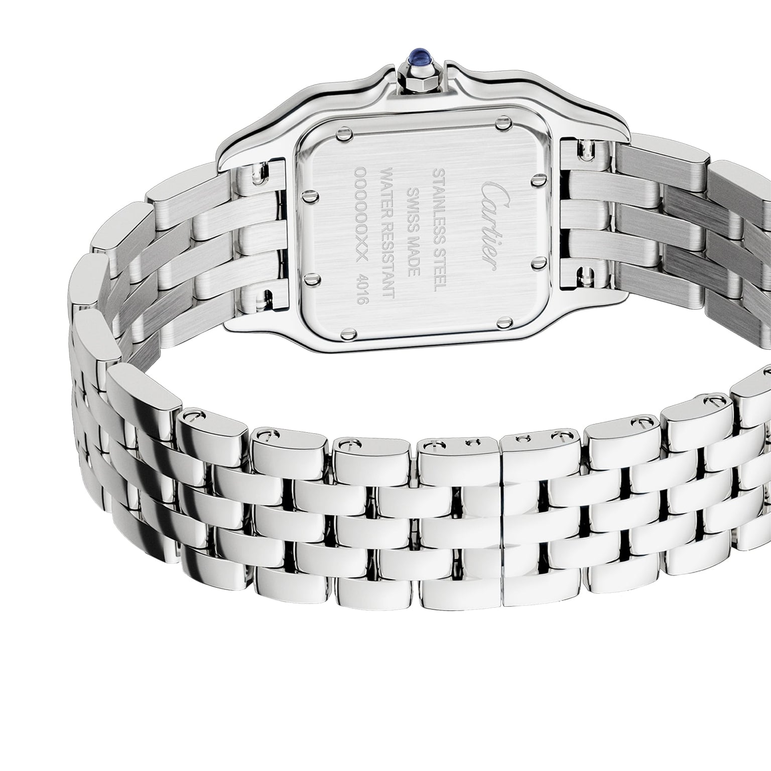 Close-up of the back of the Panthère de Cartier watch by Cartier, featuring engraved details and a sleek stainless steel link bracelet—a true style icon.