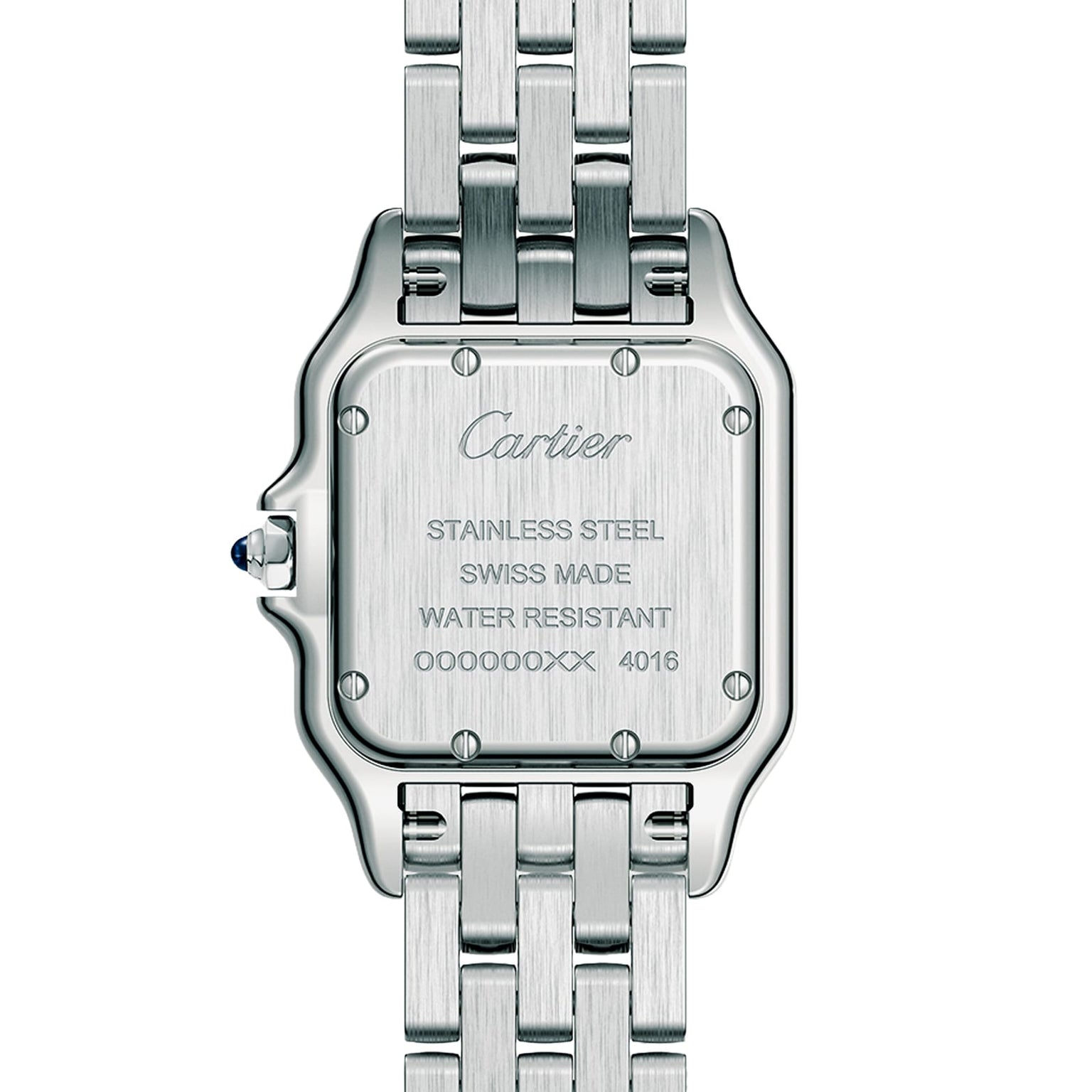 Back view of the Panthère de Cartier by Cartier, displaying engravings for stainless steel, Swiss made, water resistance, serial number, and Cartier branding on its metal case and bracelet—a true icon of style.