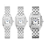 Three silver Panthère de Cartier watches by Cartier, featuring white square faces, Roman numerals, and metal link bands, are displayed side by side against a white background—a true style icon in watch design.