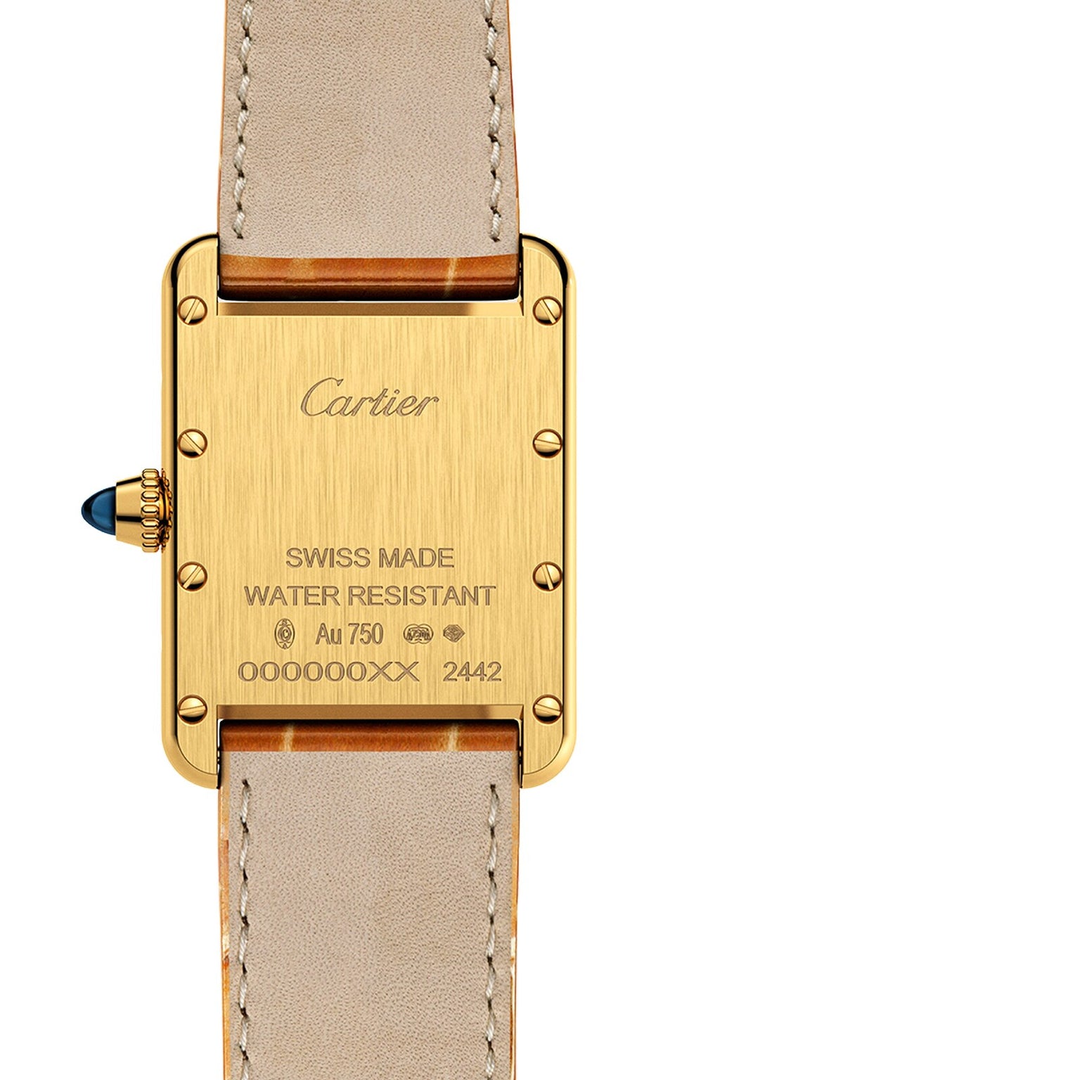 Back view of the Cartier Tank Louis Cartier watch with a yellow gold case, leather straps, engraved branding, Swiss Made and Water Resistant markings, and a signature sapphire cabochon.