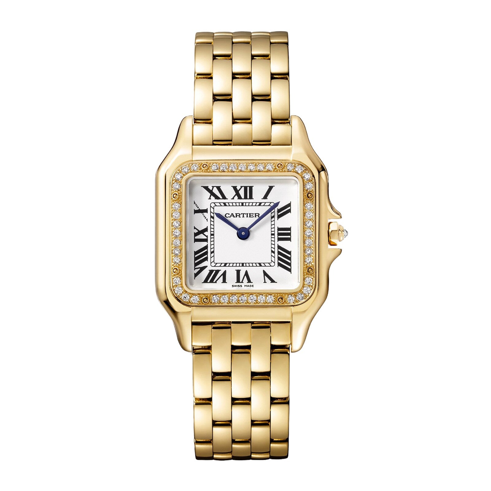 The Panthère de Cartier by Cartier is a luxurious 18K yellow gold jewelry watch featuring a square Roman numeral face, blue hands, diamond bezel, and elegant link bracelet.