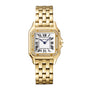 The Panthère de Cartier by Cartier is a luxurious 18K yellow gold jewelry watch featuring a square Roman numeral face, blue hands, diamond bezel, and elegant link bracelet.