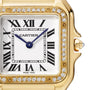 Close-up of the Panthère de Cartier by Cartier, featuring an 18K yellow gold case, diamond bezel, Roman numeral dial, blue hands, and a Swiss Made label.