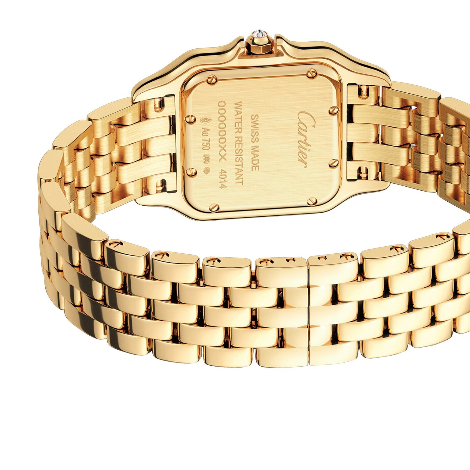 Close-up of the back of a Cartier Panthère de Cartier watch in 18K yellow gold, featuring engraved case details and a linked metal bracelet.