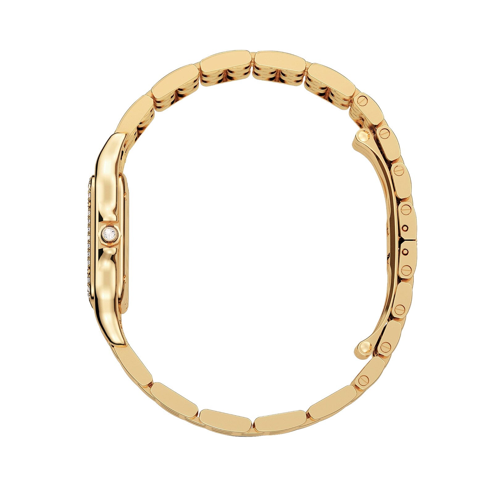 The Panthère de Cartier wristwatch by Cartier is crafted in 18K yellow gold, featuring a linked bracelet and a single diamond set in the case, shown here from the side—an exquisite jewelry timepiece.