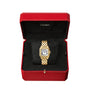 A Panthère de Cartier gold wristwatch with a square face comes in a red and black Cartier box.