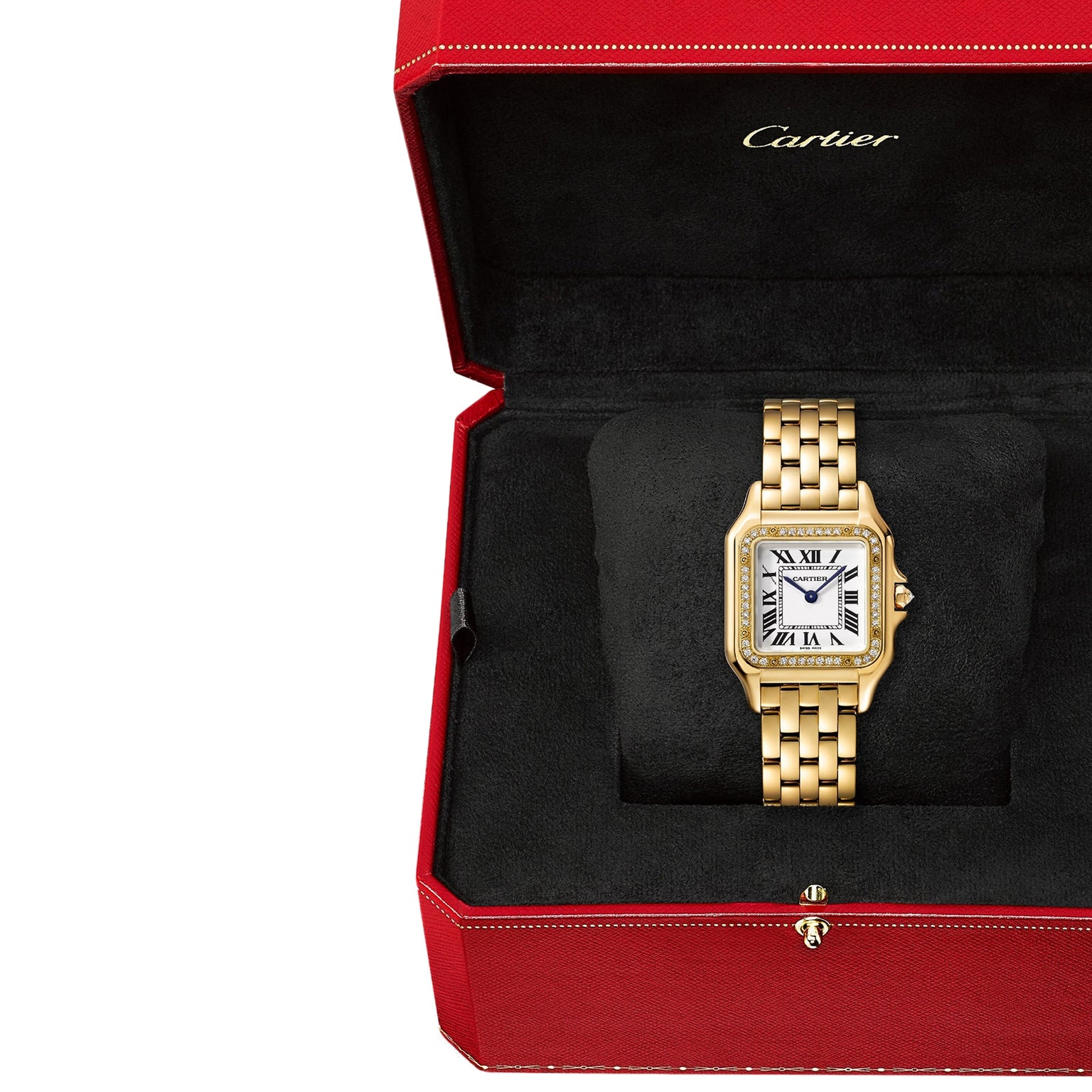 The Panthère de Cartier watch by Cartier in 18K yellow gold features a white Roman numeral dial and is elegantly displayed in an open red Cartier box with a black interior.