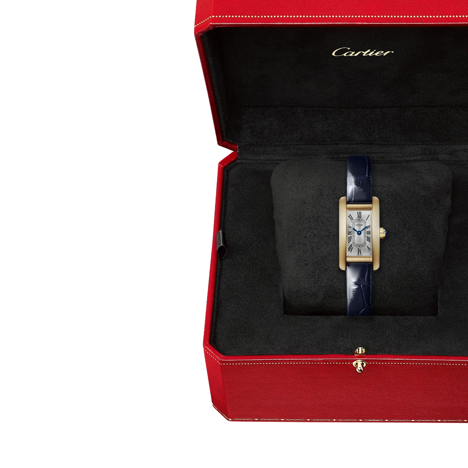 The Cartier Tank Américaine watch features a rectangular face and blue strap, highlighting its luxurious design, and is elegantly presented in a red, velvet-lined Cartier box.