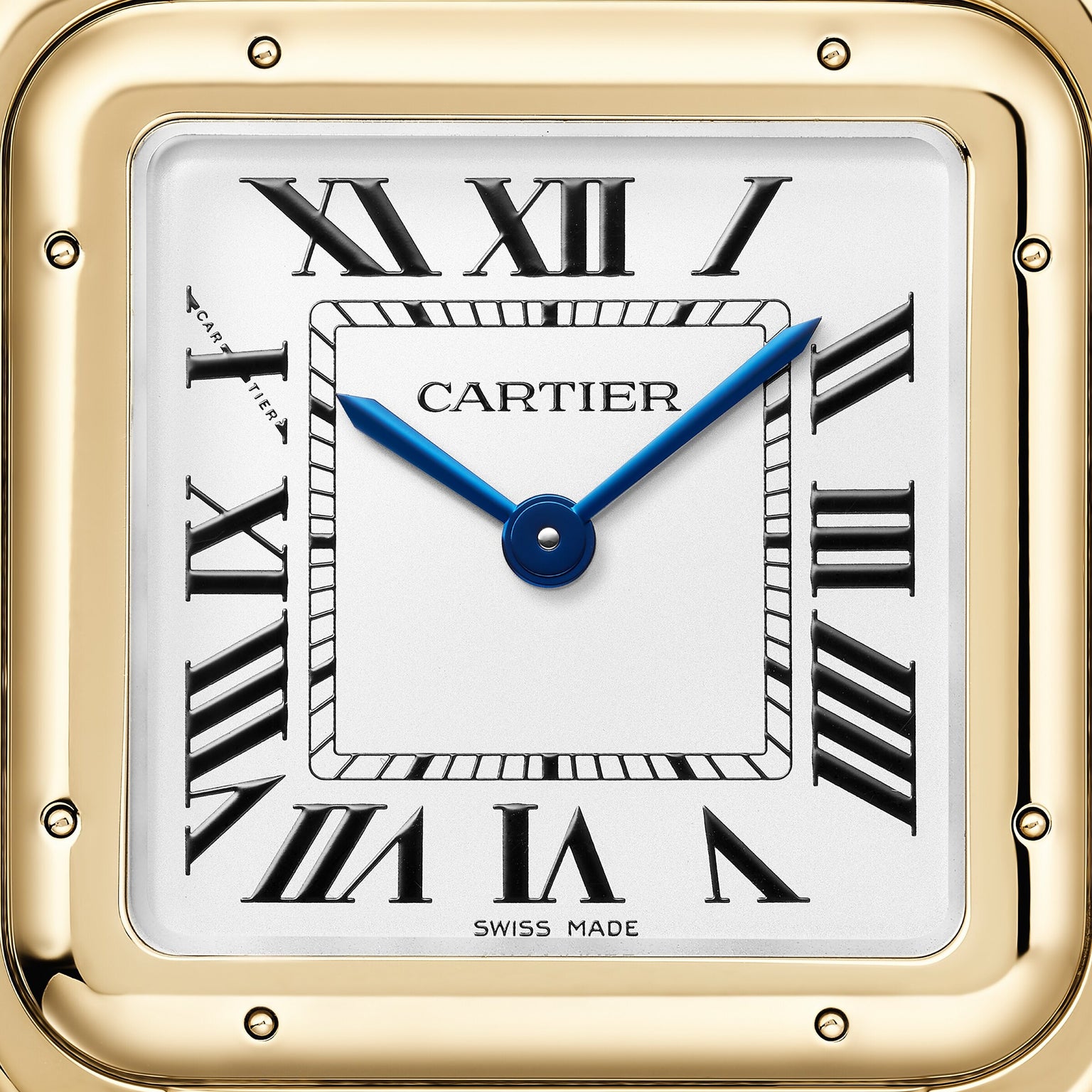 Close-up of the Panthère de Cartier watch by Cartier, featuring Roman numerals, blue hands set at 10:10, and a gold square bezel—a refined tribute to classic elegance.