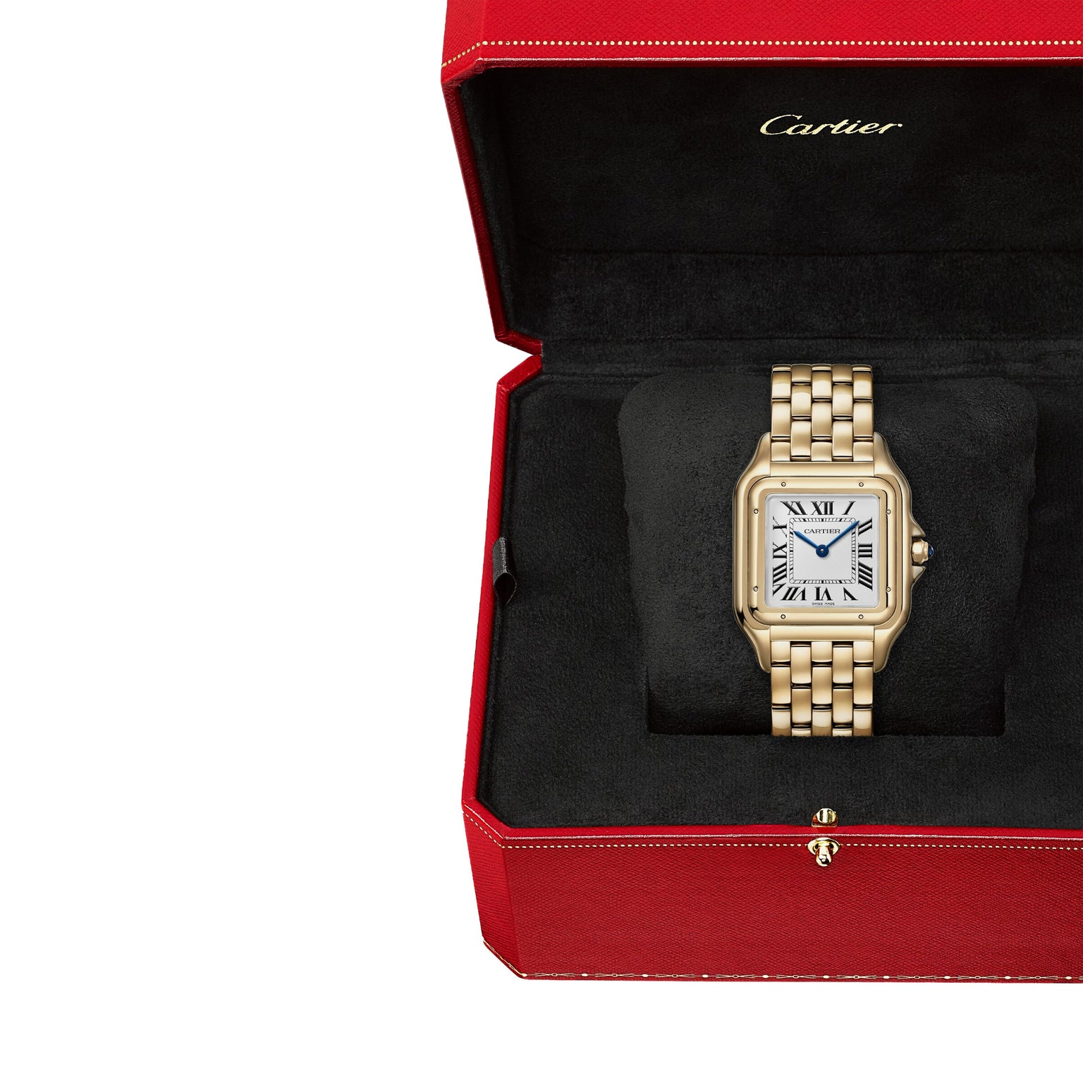 The Panthère de Cartier, a gold wristwatch with a rectangular face and Roman numerals, is displayed in an open red Cartier box—an elegant testament to the timeless style of Cartier.