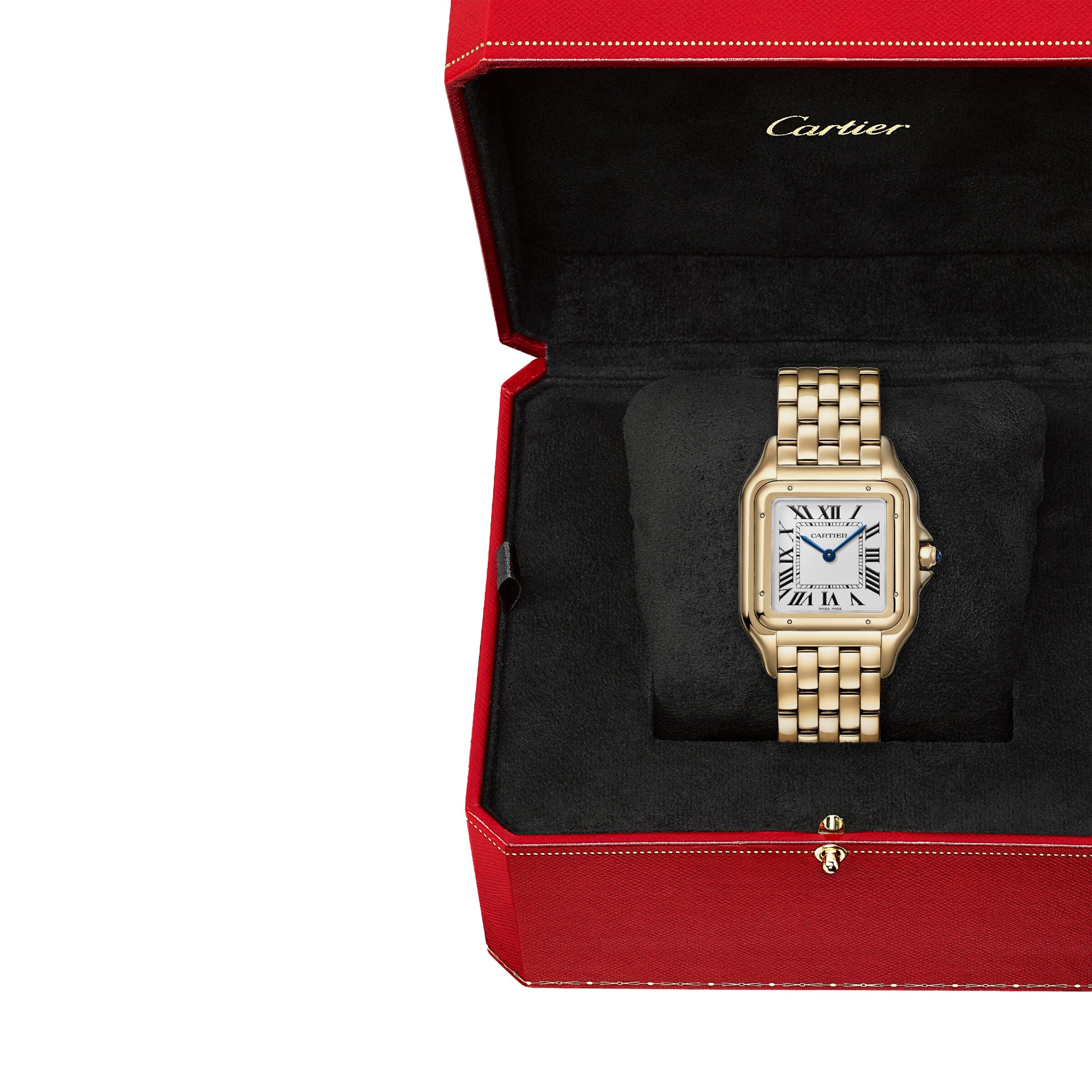 The Panthère de Cartier, a gold wristwatch with a rectangular face and Roman numerals, is displayed in an open red Cartier box—an elegant testament to the timeless style of Cartier.