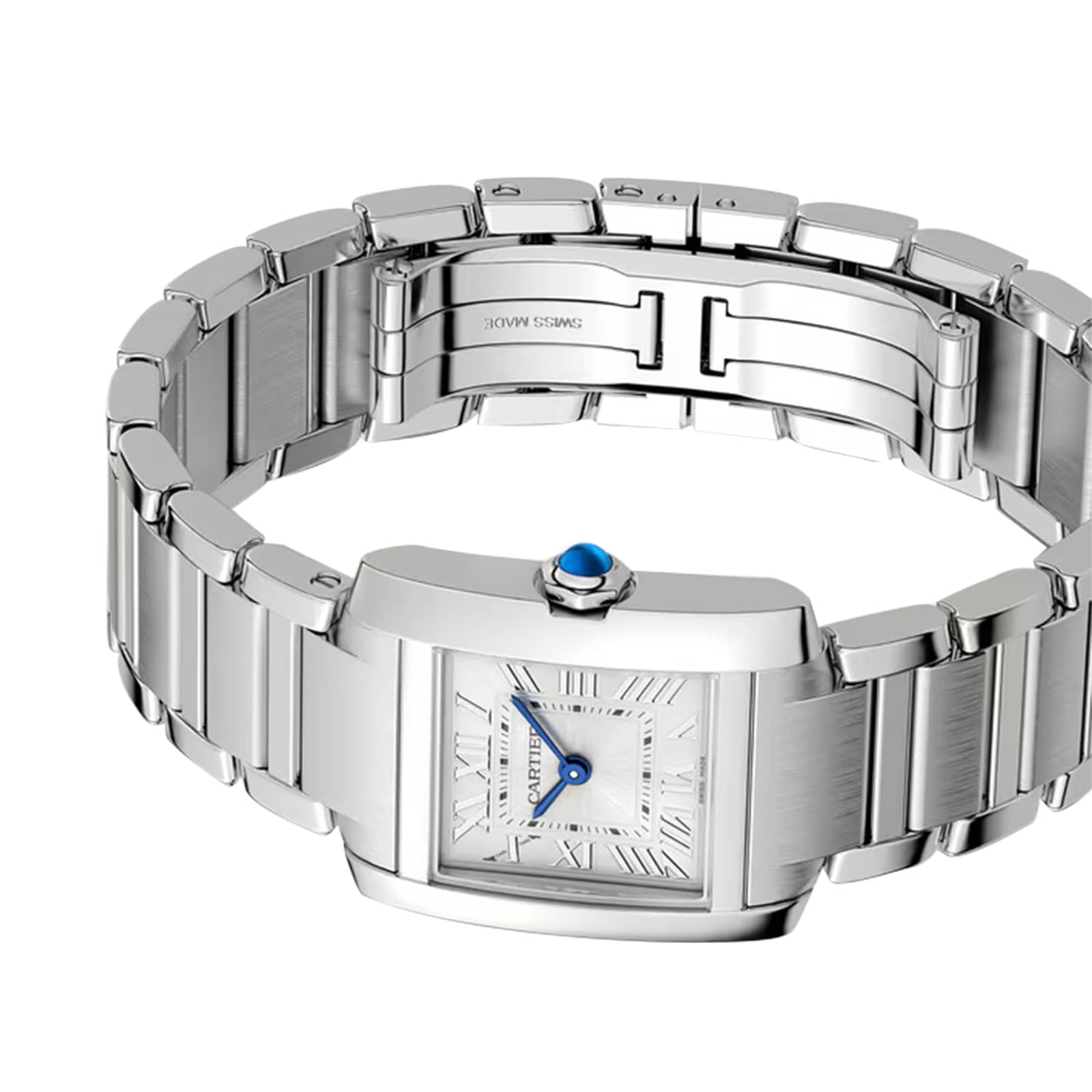 The Cartier Tank Française watch features a steel case, a rectangular face with Roman numeral markers, and a blue crown, all set against a white background.