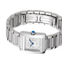 The Cartier Tank Française watch features a steel case, a rectangular face with Roman numeral markers, and a blue crown, all set against a white background.