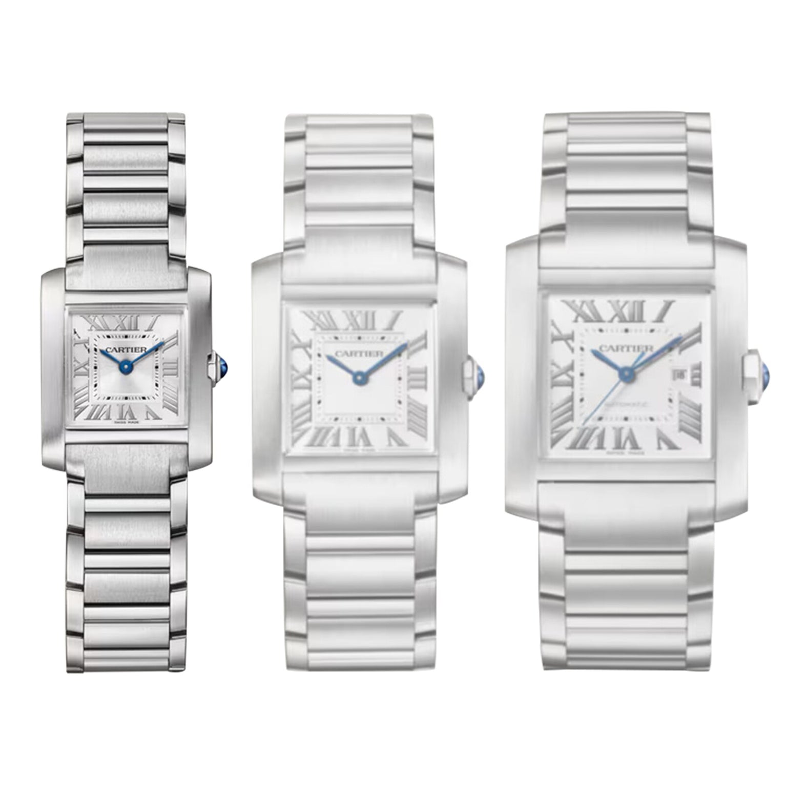 Three Cartier Tank Française watches of different sizes, each featuring a steel case, rectangular face with Roman numerals, quartz movement, and metal link bracelet, are displayed side by side on a white background.