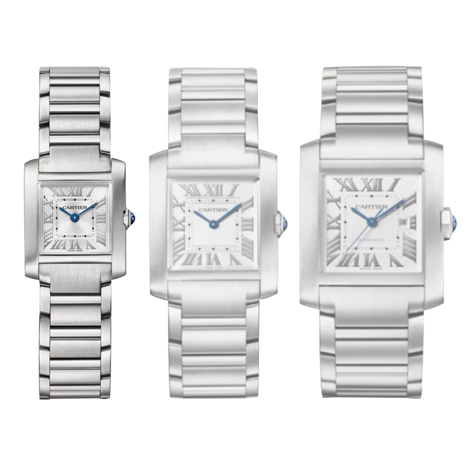 Three Cartier Tank Française watches of different sizes, each featuring a steel case, rectangular face with Roman numerals, quartz movement, and metal link bracelet, are displayed side by side on a white background.