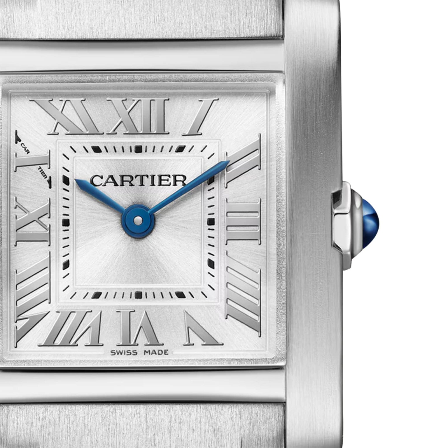 Close-up of the Cartier Tank Française watch, showcasing its square silver face, Roman numeral markers, blue hands, steel case, blue cabochon crown, and precise quartz movement.