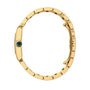 The Cartier Tank Française wristwatch features a yellow gold bracelet, a blue gemstone on the crown, and elegant Roman numeral markers, shown here from the side to emphasize its slim profile and distinctive linked band.
